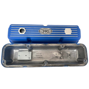 Ford FE 390 Valve Covers Short Finned (POWERED BY 390) Style 1 - Blue