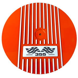 Small Block Chevy 355 Flag Logo - 14" Round Air Cleaner Kit - Orange