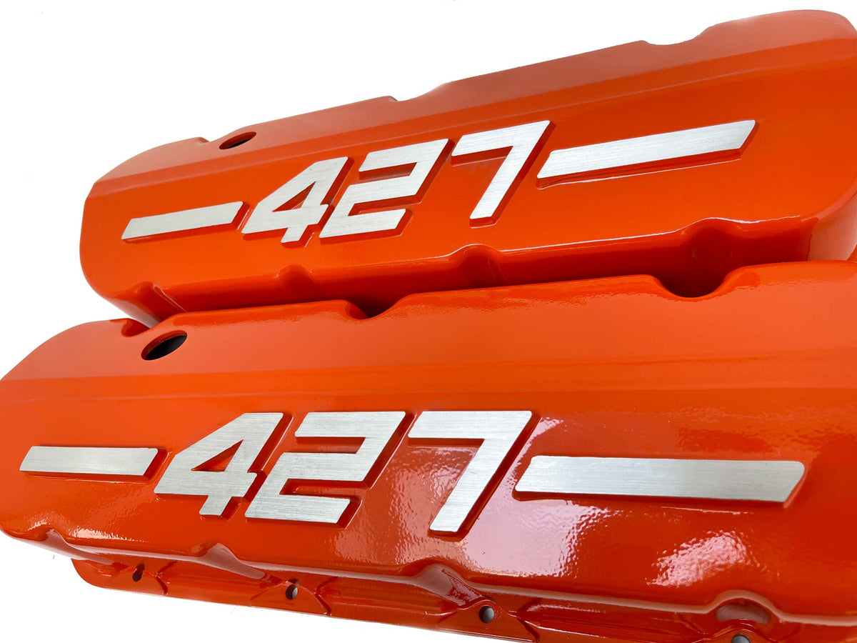 Big Block Chevy 427 - RAISED LOGO - Tall Valve Covers - Orange