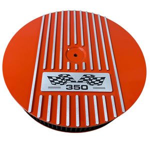Small Block Chevy 350 Flag Logo - 14" Round Air Cleaner Kit - Orange