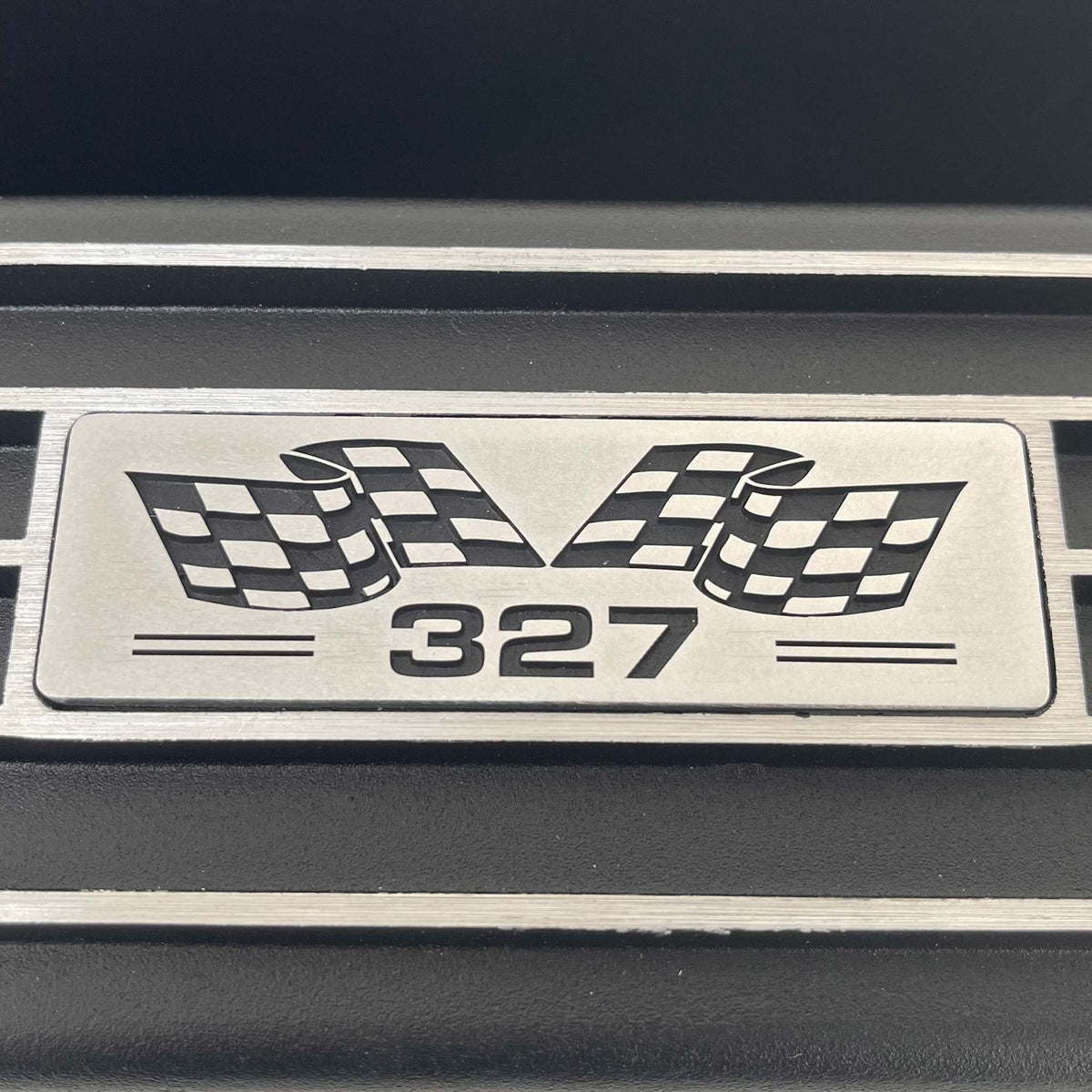 Small Block Chevy 327 Flag Logo Finned Valve Covers - Black