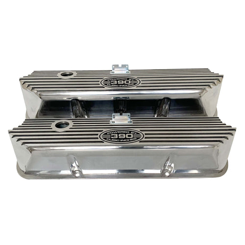 Ford FE 390 Valve Covers Tall Finned - POWERED BY 390 CUBIC INCHES - Polished