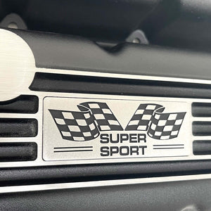 Big Block Chevy Super Sport Flag Logo, Classic Finned, Black Valve Covers