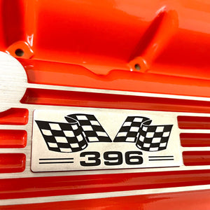 Big Block Chevy 396 Flag Logo, Classic Finned, Orange Valve Covers