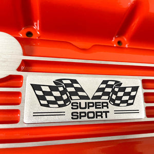 Big Block Chevy Super Sport Flag Logo, Classic Finned, Orange Valve Covers