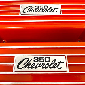 Chevy Small Block 350 Chevrolet Script Logo Classic Finned Valve Covers - Orange