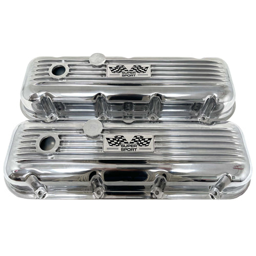 Big Block Chevy Super Sport Flag Logo, Classic Finned, Polished Valve Covers