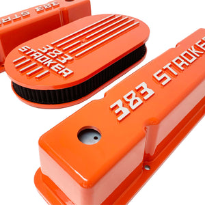383 stroker valve covers and air cleaner lid kit, raised logo, orange, right side view
