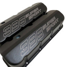 Load image into Gallery viewer, ansen custom engraving, big block chevy 396 super sport valve covers, laser engraved, stack logo, black, angled view