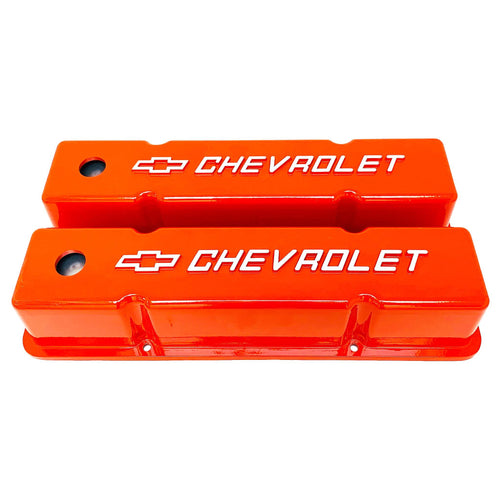 small block chevy bowtie logo tall valve covers, orange, ansen usa, front view