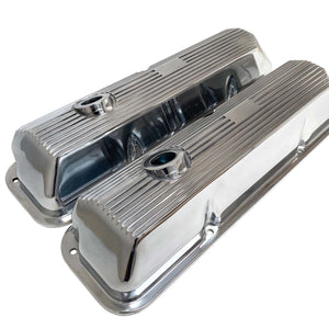 ansen custom engraving, ford fe 428 cobra jet valve covers, finned styling, polished, angled view