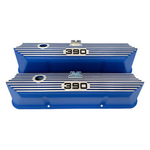 Load image into Gallery viewer, ansen custom engraving, ford fe 390 valve covers, tall, finned, blue, front view