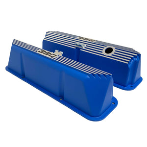 ansen custom engraving, ford fe 390 valve covers, tall, finned, blue, side profile view