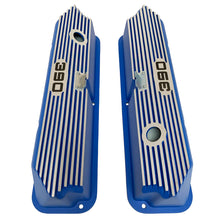 Load image into Gallery viewer, ansen custom engraving, ford fe 390 valve covers, tall, finned, blue, top view