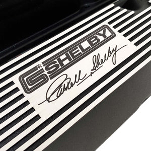ansen custom engraving, ford carroll shelby signature valve covers, black, close up view