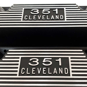 ansen usa, ford 351 cleveland valve covers, die-cast logo, black, name plate view