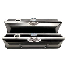 Load image into Gallery viewer, ford fe 390 american eagle valve covers, tall, finned, black, ansen usa, front view