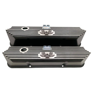 ford fe 390 american eagle valve covers, tall, finned, black, ansen usa, front view
