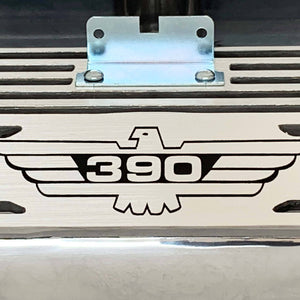 ford fe 390 american eagle outline valve covers, tall, finned, polished, ansen usa, close up view