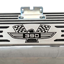 Load image into Gallery viewer, ford fe 390 american eagle valve covers, tall, finned, polished, ansen usa, close up view