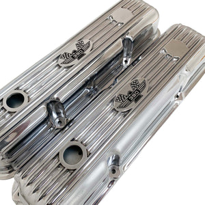 ansen custom engraving, ford fe 390 valve covers american eagle polished, angled view