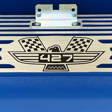 Load image into Gallery viewer, ansen valve covers, ford, fe 427, tall, american eagle, laser engraved, blue powder coat, close up view