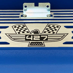 ansen valve covers, ford, fe 427, tall, american eagle, laser engraved, blue powder coat, close up view