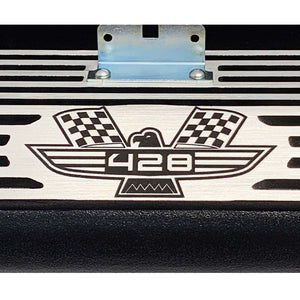 ansen valve covers, ford, fe 428, american eagle, laser engraved, black powder coat, close up view
