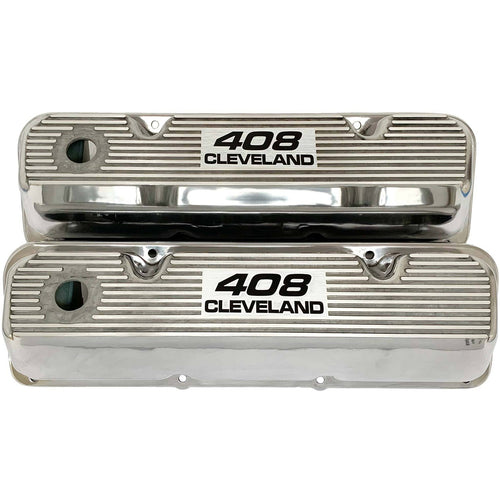 ansen valve covers, ford 408 cleveland, laser engraved, polished, front view