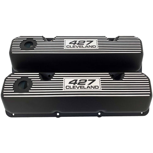 ansen custom engraving, ford 427 cleveland valve covers, black, front view