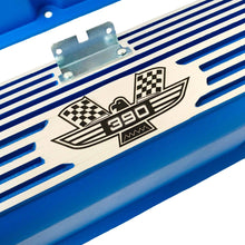 Load image into Gallery viewer, ford fe 390 american eagle valve covers, tall, finned, blue, ansen usa, close up view