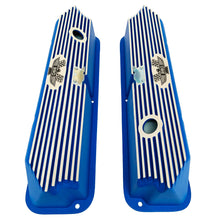 Load image into Gallery viewer, ford fe 390 american eagle valve covers, tall, finned, blue, ansen usa, top view