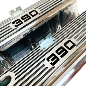 ford fe 390 valve covers, tall, finned, polished, ansen usa, close up view