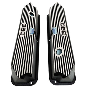 ford fe 390 valve covers, tall, finned, black, ansen usa, top view