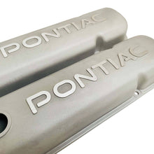 Load image into Gallery viewer, ansen valve covers, pontiac, raised letter logo, as cast finish, close up view