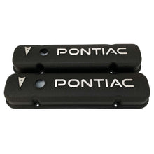 Load image into Gallery viewer, ansen valve covers, pontiac, raised letter logo, black powder coat, front view