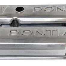 Load image into Gallery viewer, ansen valve covers, pontiac, raised letter logo, polished finish, close up view