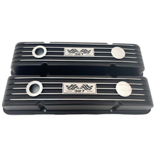 Load image into Gallery viewer, Small Block Chevy 327 Valve Covers, Flag Logo, Finned - Black