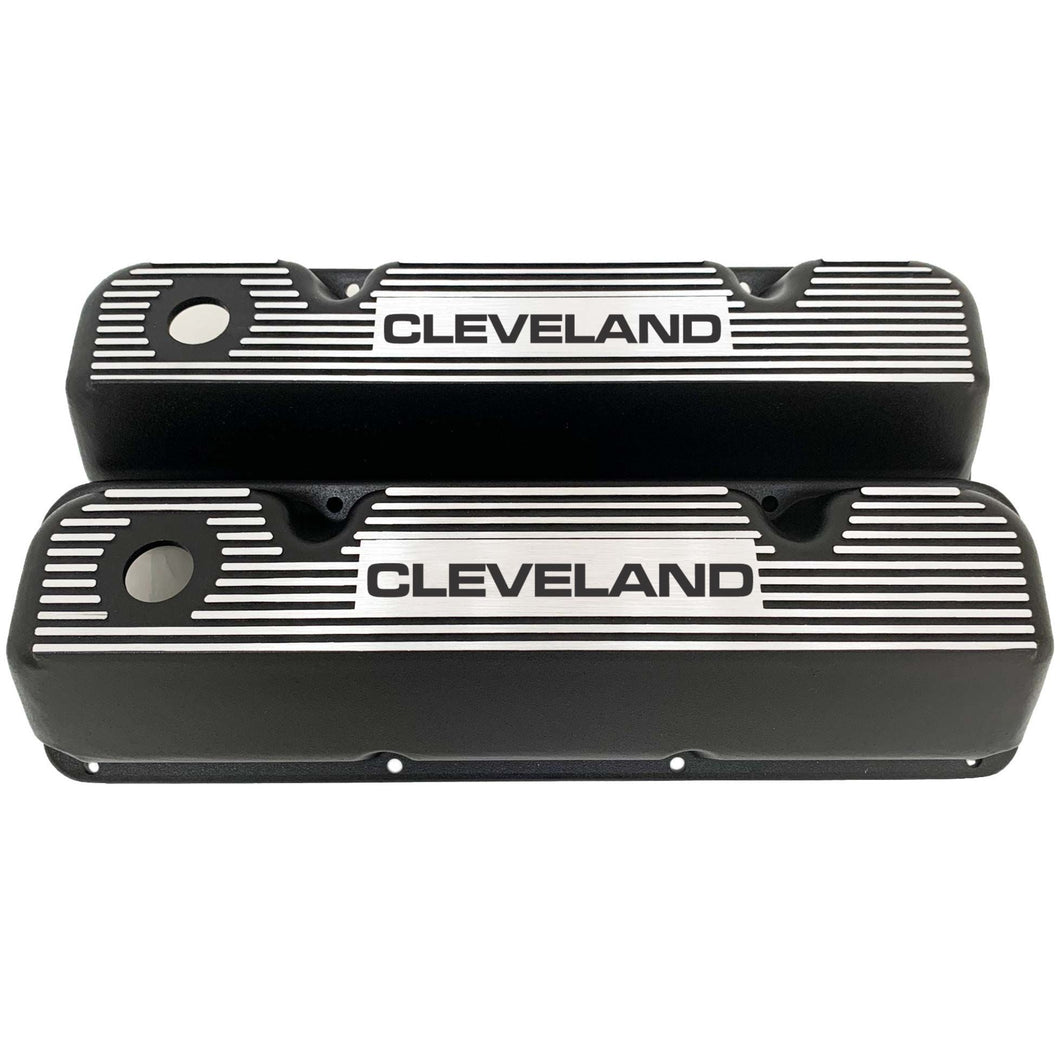 Ford 351 Cleveland Logo Finned Valve Covers - Black