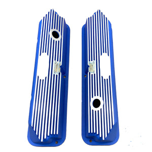 Ford FE Tall Valve Covers - Oval Plate - Custom Logo - Blue
