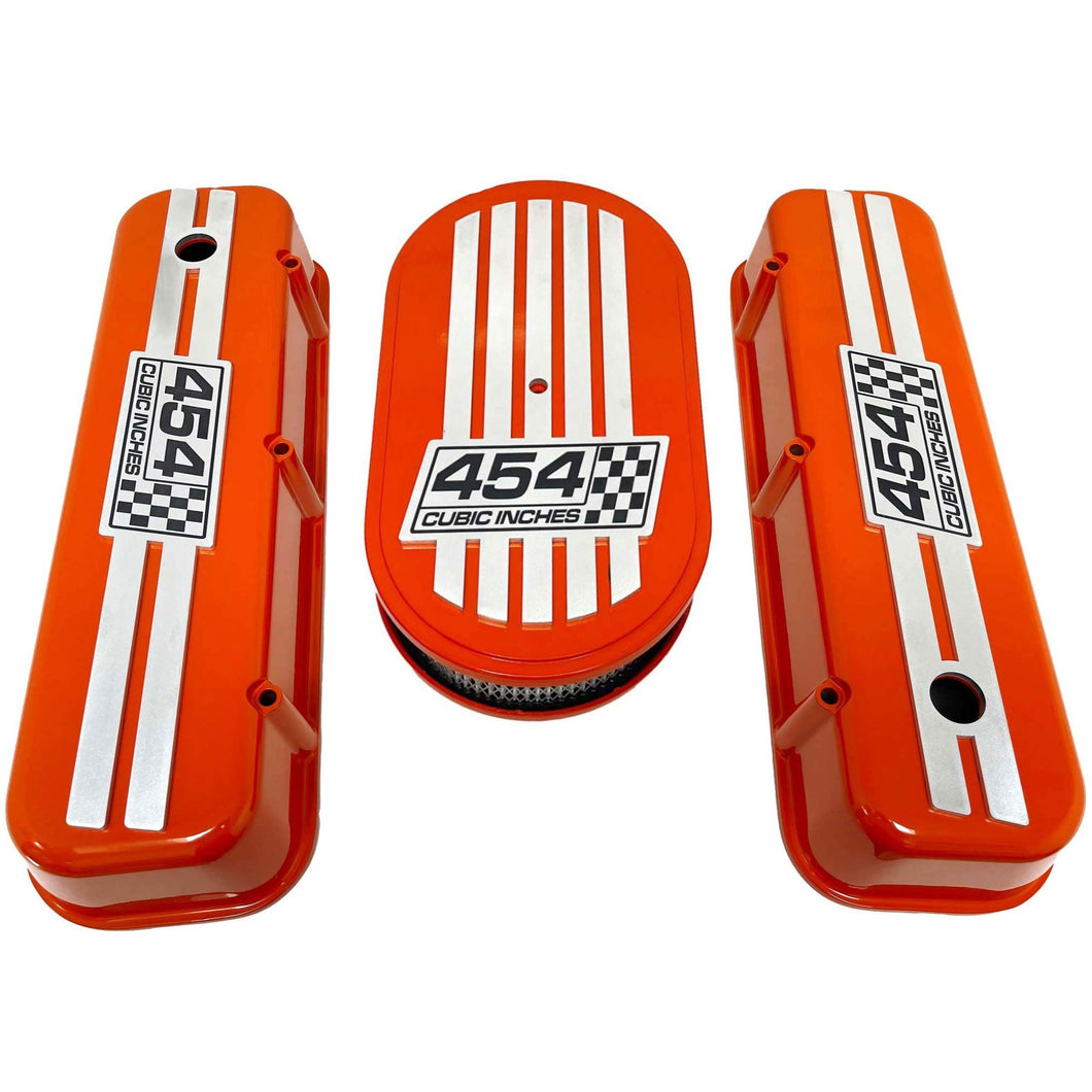 454 Cubic Inches Big Block Chevy Valve Covers & Air Cleaner Kit - Billet Top - Orange