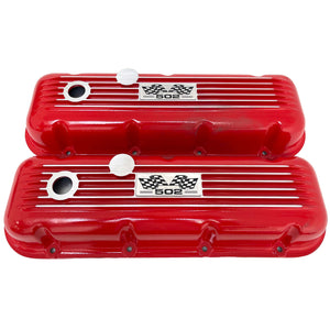 Big Block Chevy 502 Valve Covers, Flag Logo, Classic Finned - Red