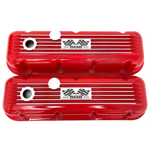 Big Block Chevy 502 Valve Covers, Flag Logo, Classic Finned - Red
