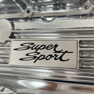 Big Block Chevy Super Sport Script Logo Finned Valve Covers - Polished