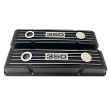 Load image into Gallery viewer, Small Block Chevy 350 Logo Finned Valve Covers - Black