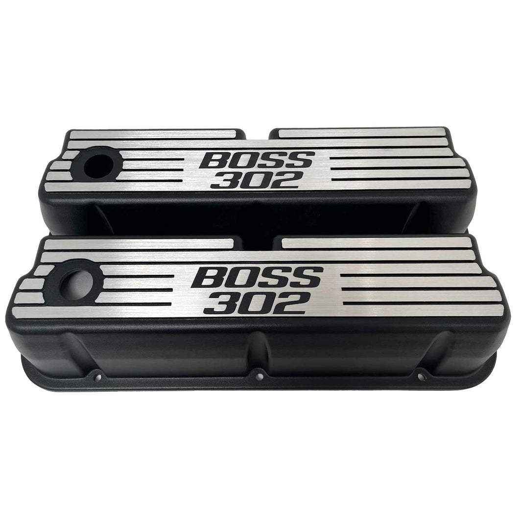 Ford Boss 302 Windsor Black Tall Finned Valve Covers, Style 2