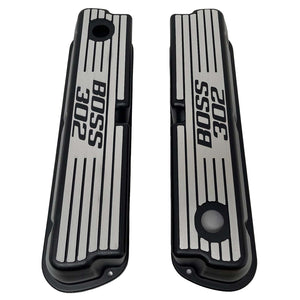 Ford Boss 302 Windsor Black Tall Finned Valve Covers, Style 2