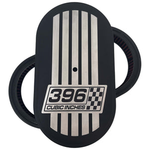 396 Cubic Inches, Custom Raised Billet Top Logo 15" Oval Air Cleaner Lid Kit - Black