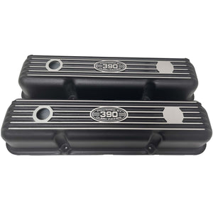 Ford FE 390 Valve Covers Short Finned (POWERED BY 390) Black -Style 2