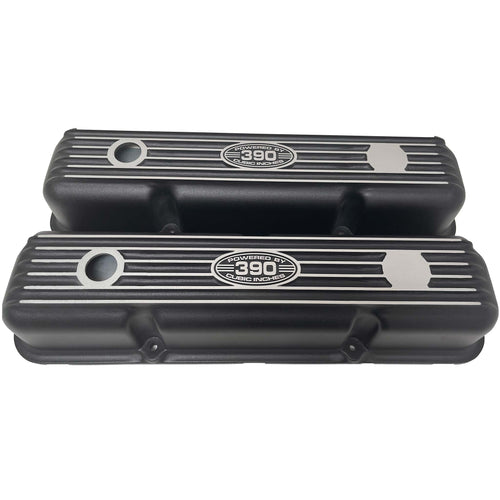 Ford FE 390 Short Valve Covers - Powered by 390 Logo 2 - Black